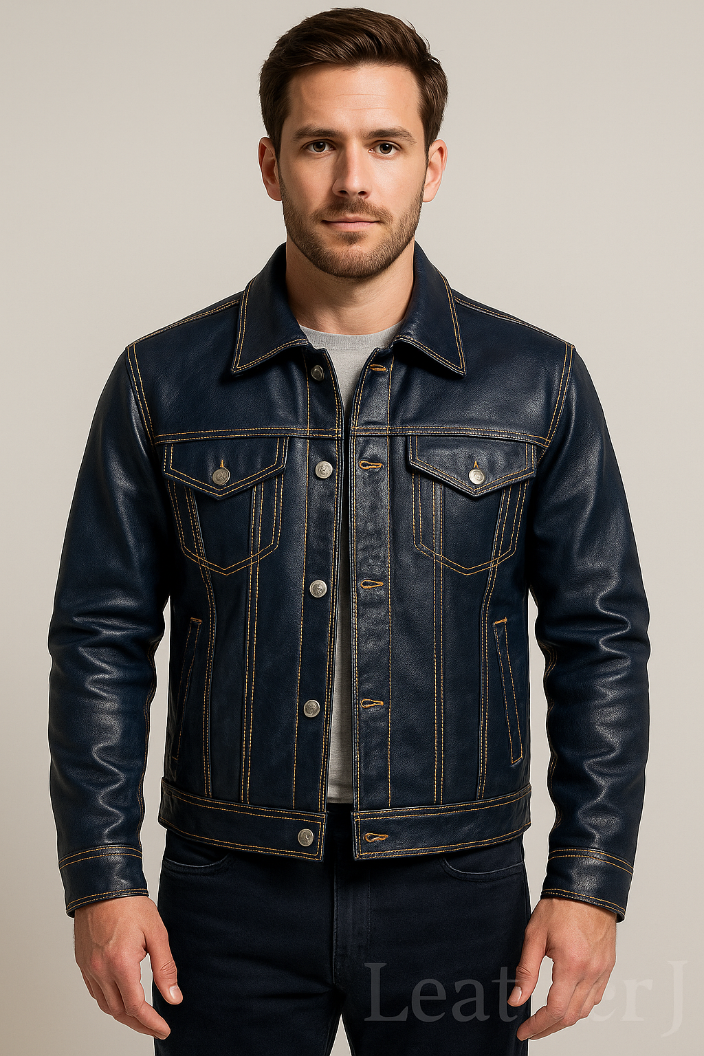 Men’s Navy Blue Real Leather Trucker Jacket – Western Style Denim-Inspired Outerwear