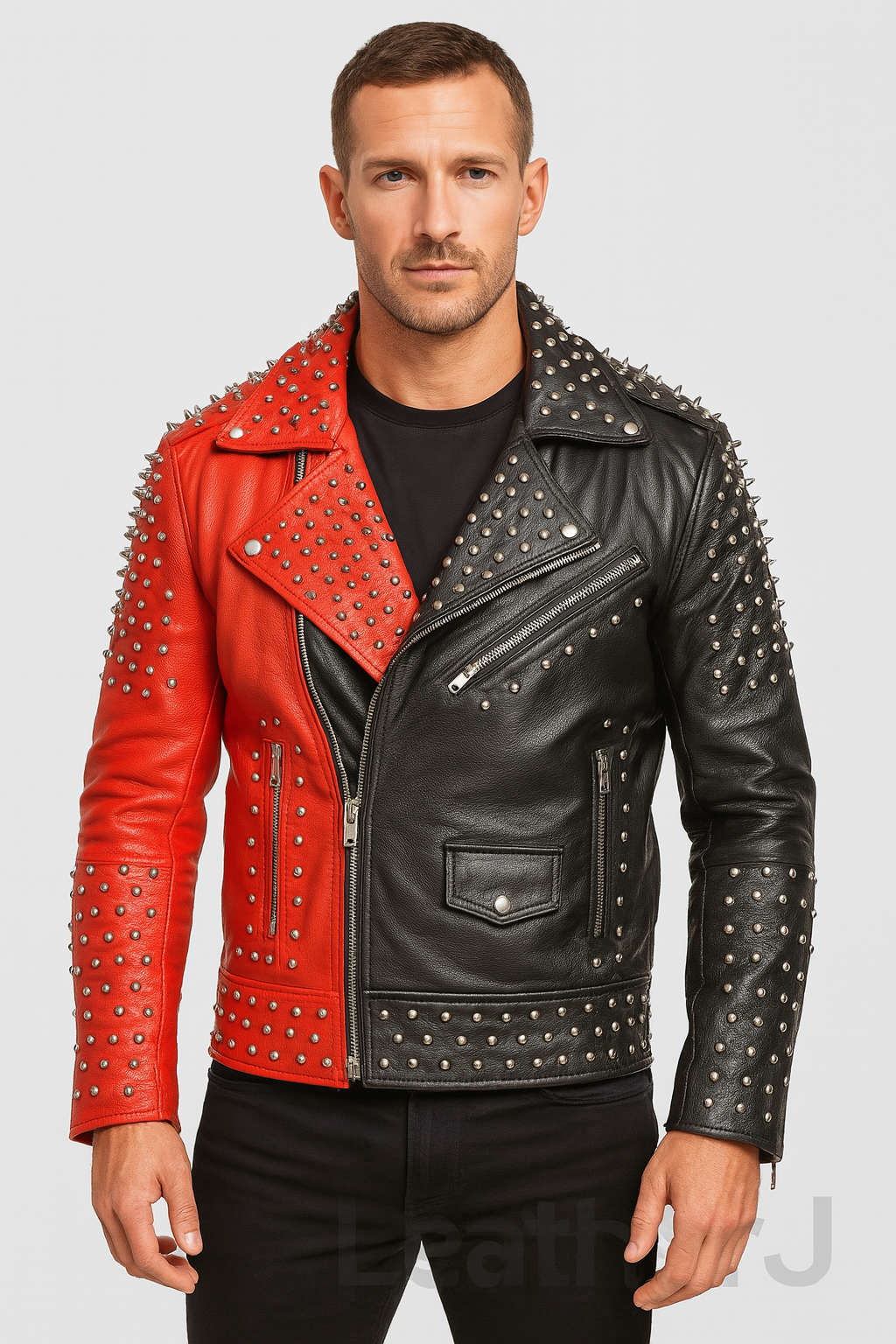 Men’s Red & Black Studded Leather Biker Jacket – Dual-Tone Spiked Punk Moto Style