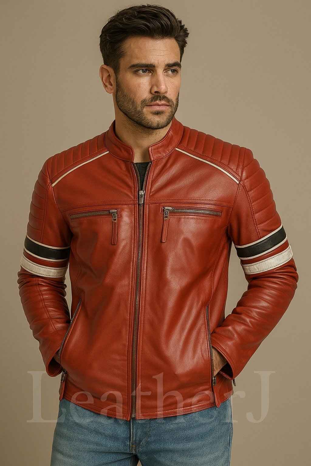 Men’s Red Leather Biker Jacket – Moto Racer Style with White & Black Stripes