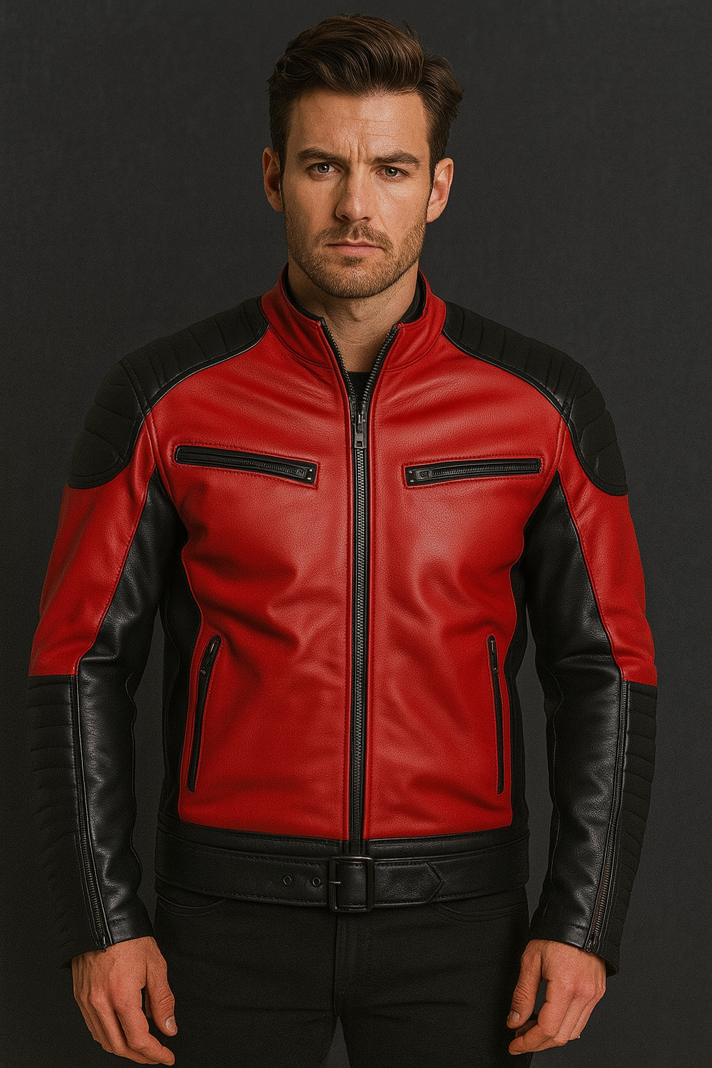 Men’s Red and Black Real Leather Moto Jacket with Quilted Shoulders and Zippered Pockets