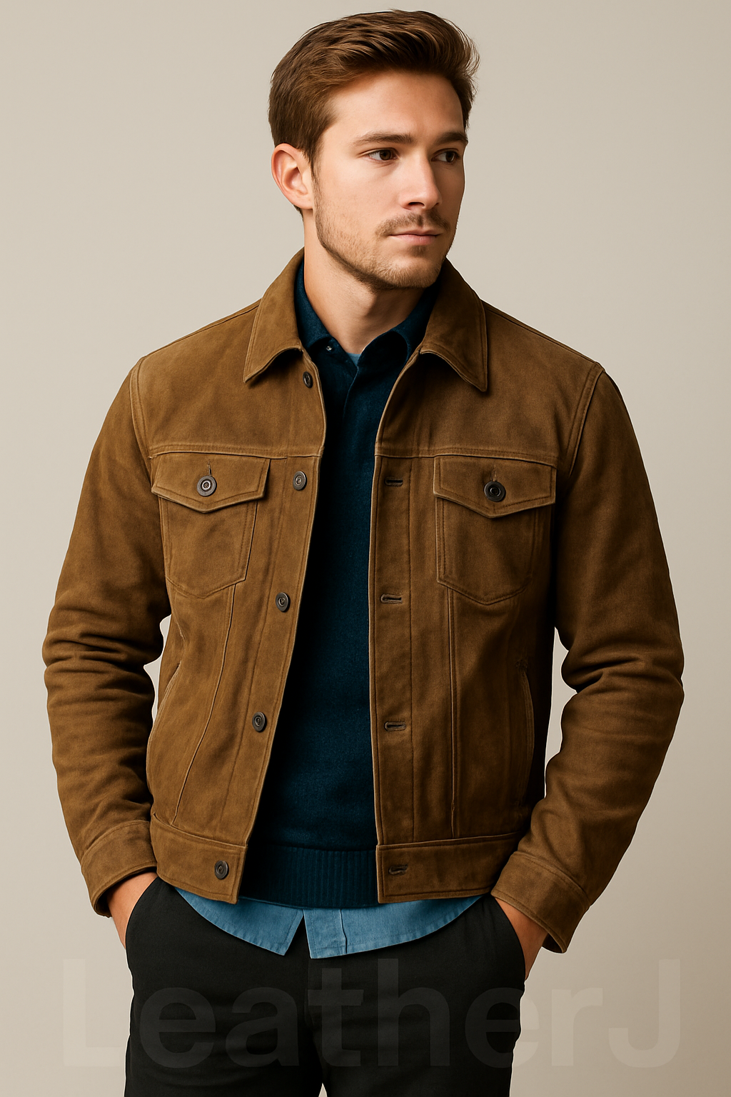 Men’s Rustic Brown Suede Leather Jacket – Vintage Trucker Style Real Cowhide by LeatherJ