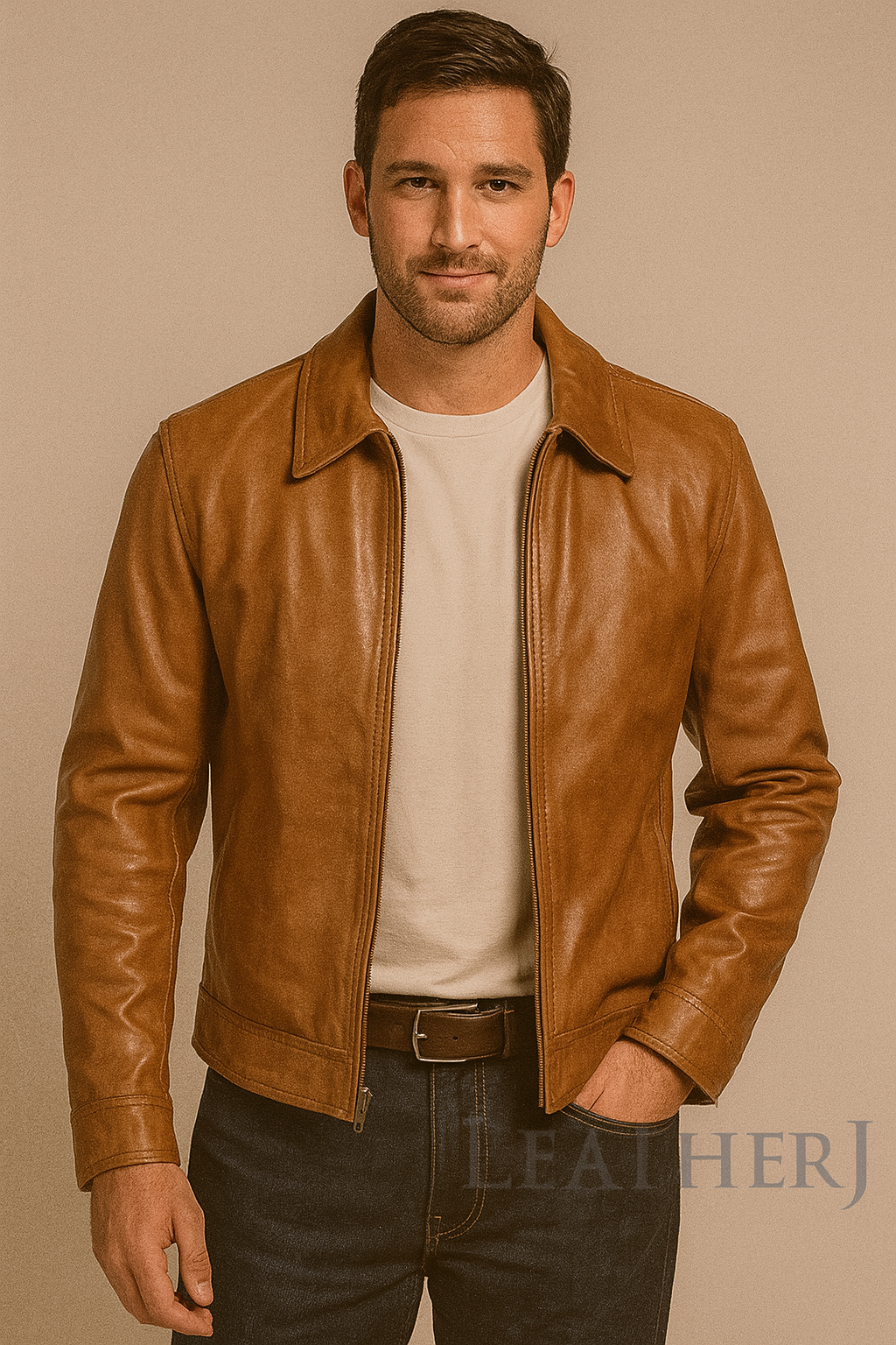 Men’s Tan Brown Real Leather Jacket – Classic Fit with Zip Front and Shirt Collar