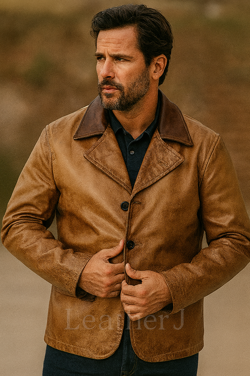 Men's Tan Brown Real Leather Jacket – Vintage Style with Contrast Collar & Button Closure