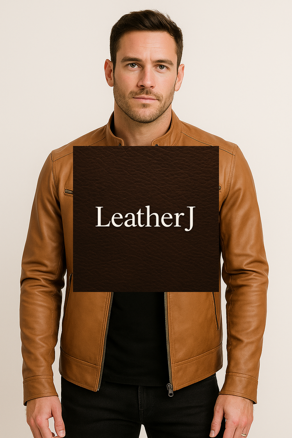 Men’s Tan Leather Moto Jacket – Slim Fit with Stand Collar and Zipper Pockets