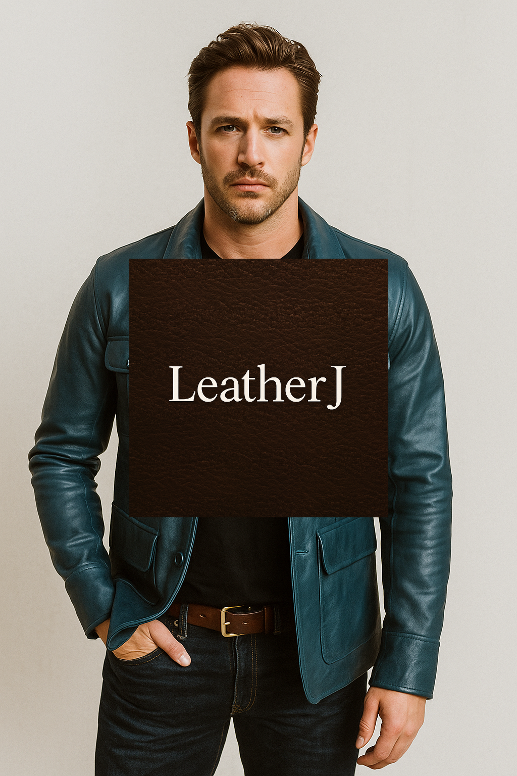 Men's Teal Blue Real Leather Field Jacket – Stylish Button-Up Genuine Leather Outerwear