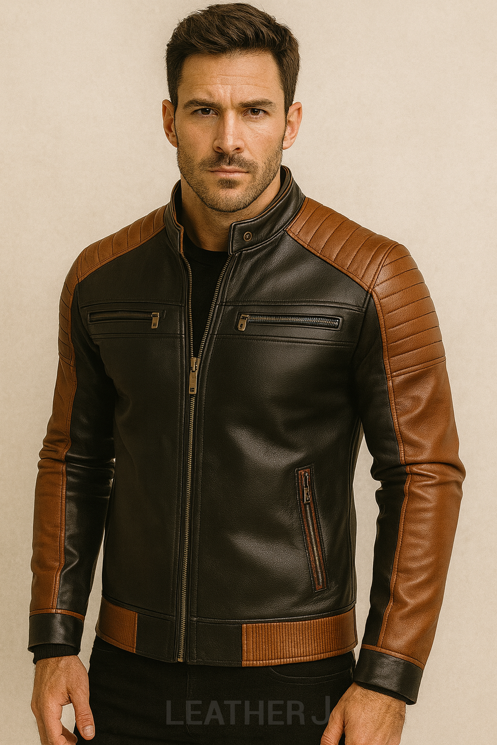 Men’s Two-Tone Black and Brown Leather Biker Jacket – Quilted Shoulder Moto Style