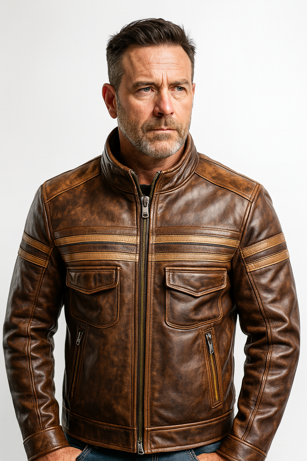 Men’s Vintage Brown Real Leather Biker Jacket – Classic Cafe Racer Style with Zippered Pockets