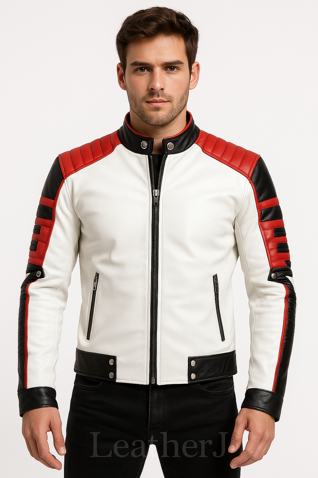 Men's White Real Leather Biker Jacket with Red & Black Panels – Vintage Racer Style