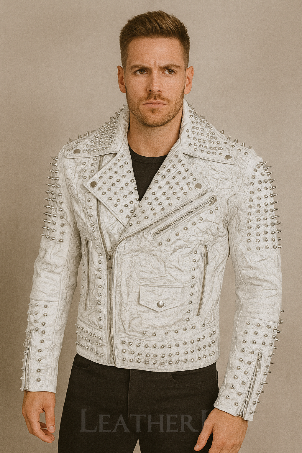 Men’s White Studded Leather Biker Jacket – Spiked Moto Rock Style in Cracked Finish