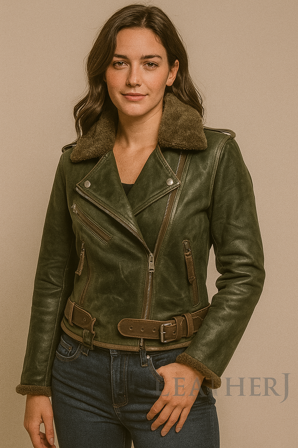Women’s Army Green Real Leather Aviator Jacket with Fur Collar – Vintage Style Biker Fit