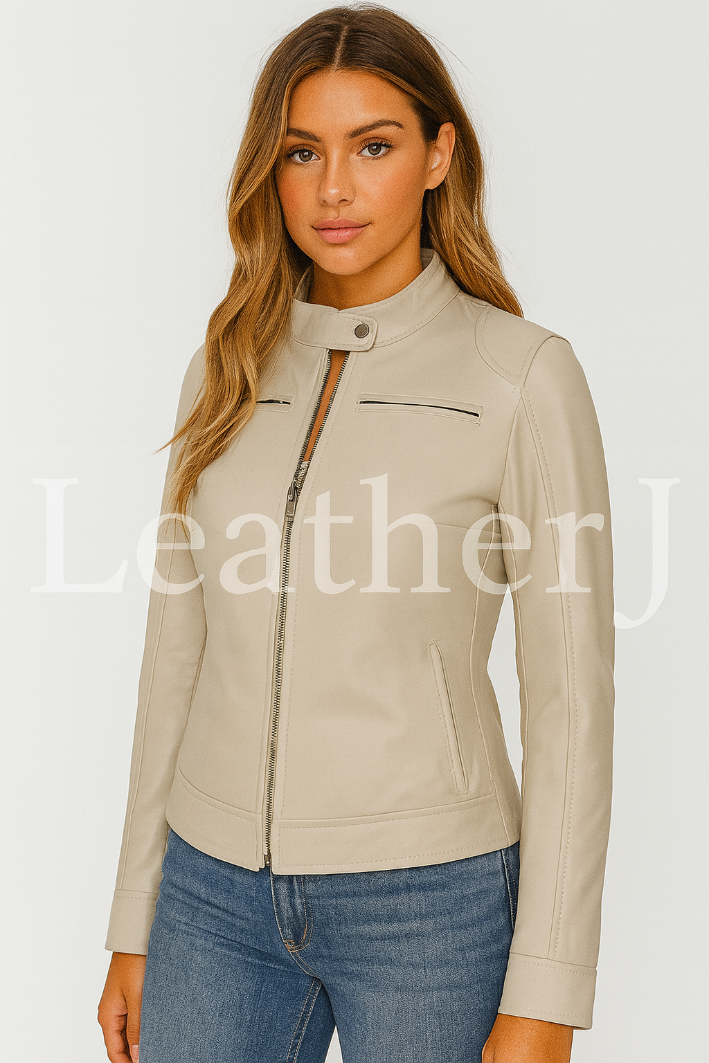 Women’s Beige Leather Jacket – Real Lambskin Slim Fit Moto Style by LeatherJ