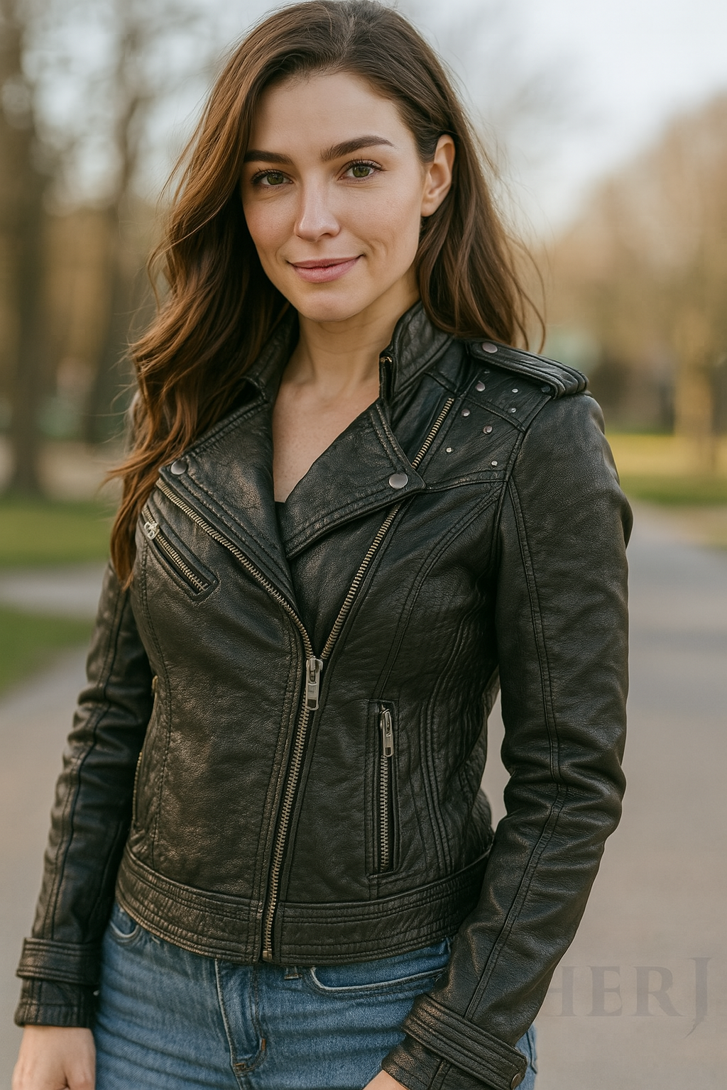 Women's Black Real Leather Biker Jacket – Studded Moto Style with Zip Details