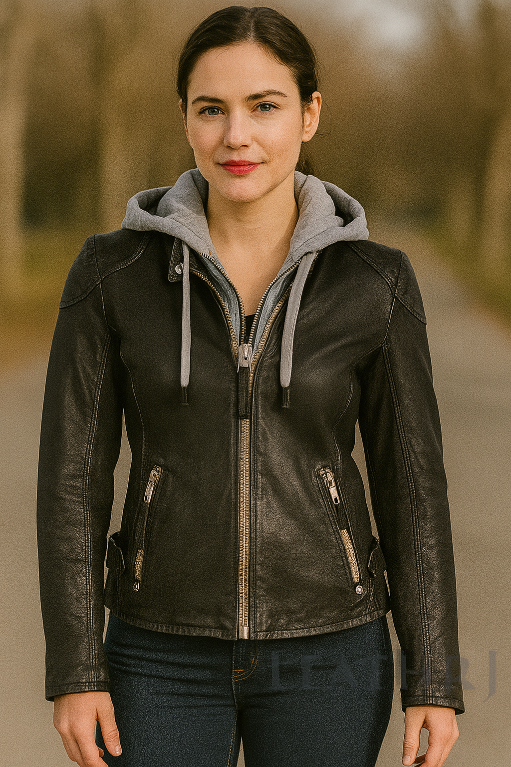 Women's Black Real Leather Jacket with Detachable Gray Hoodie – Casual Moto Style