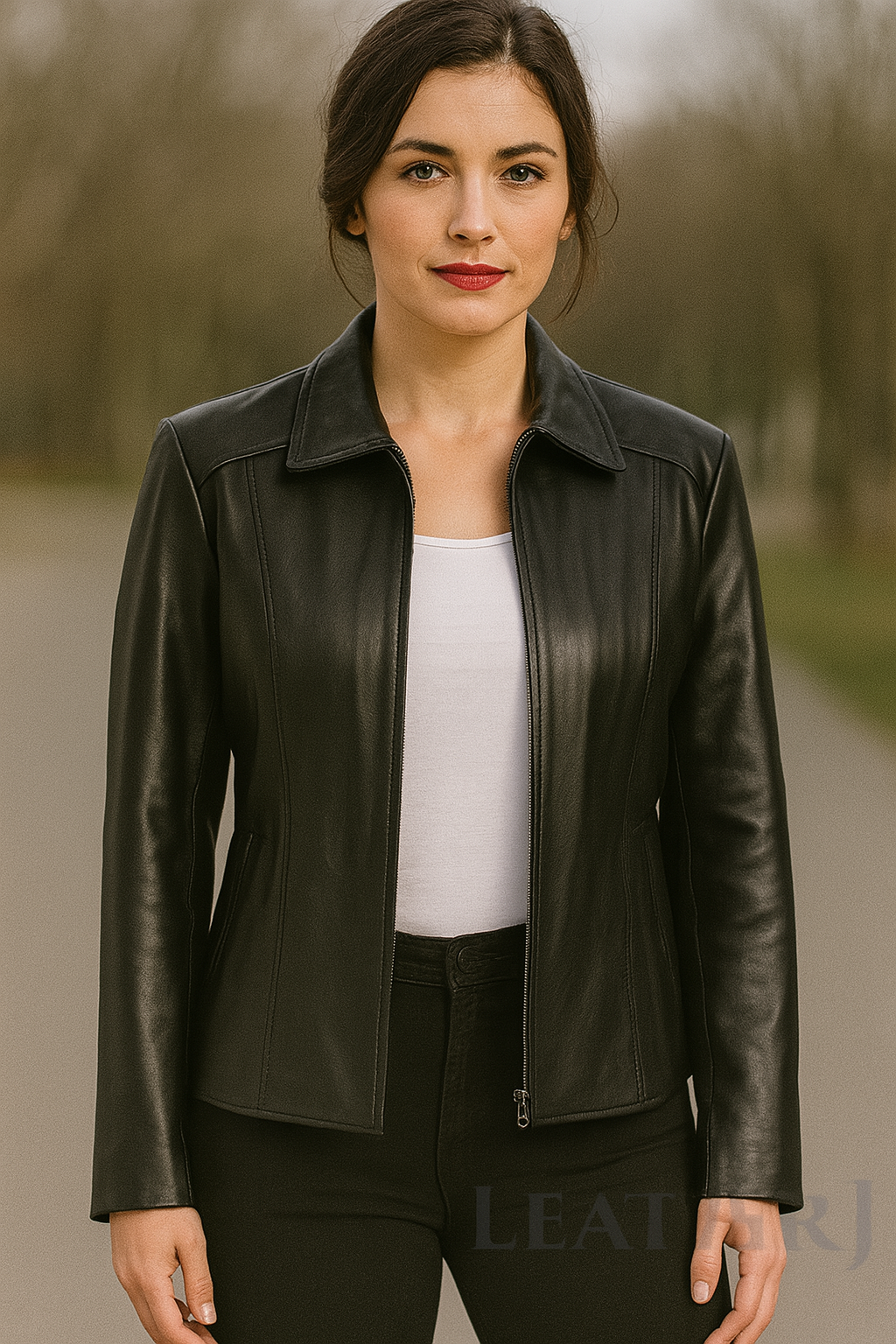 Women's Black Real Leather Jacket – Classic Zip-Up Style with Shirt Collar