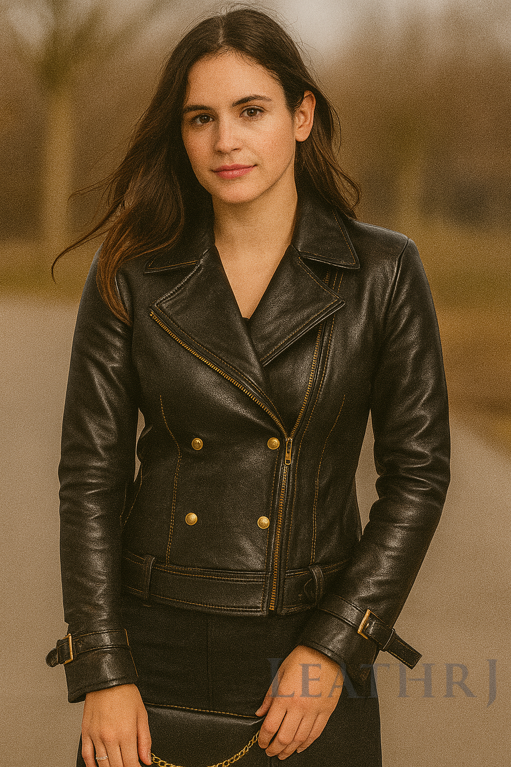 Women's Black Real Leather Jacket – Double-Breasted Moto Style with Gold Buttons
