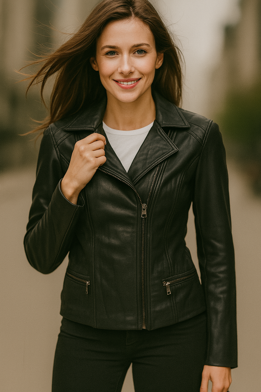 Women's Black Real Leather Jacket – Slim Fit Moto Style Zip-Up Biker Coat