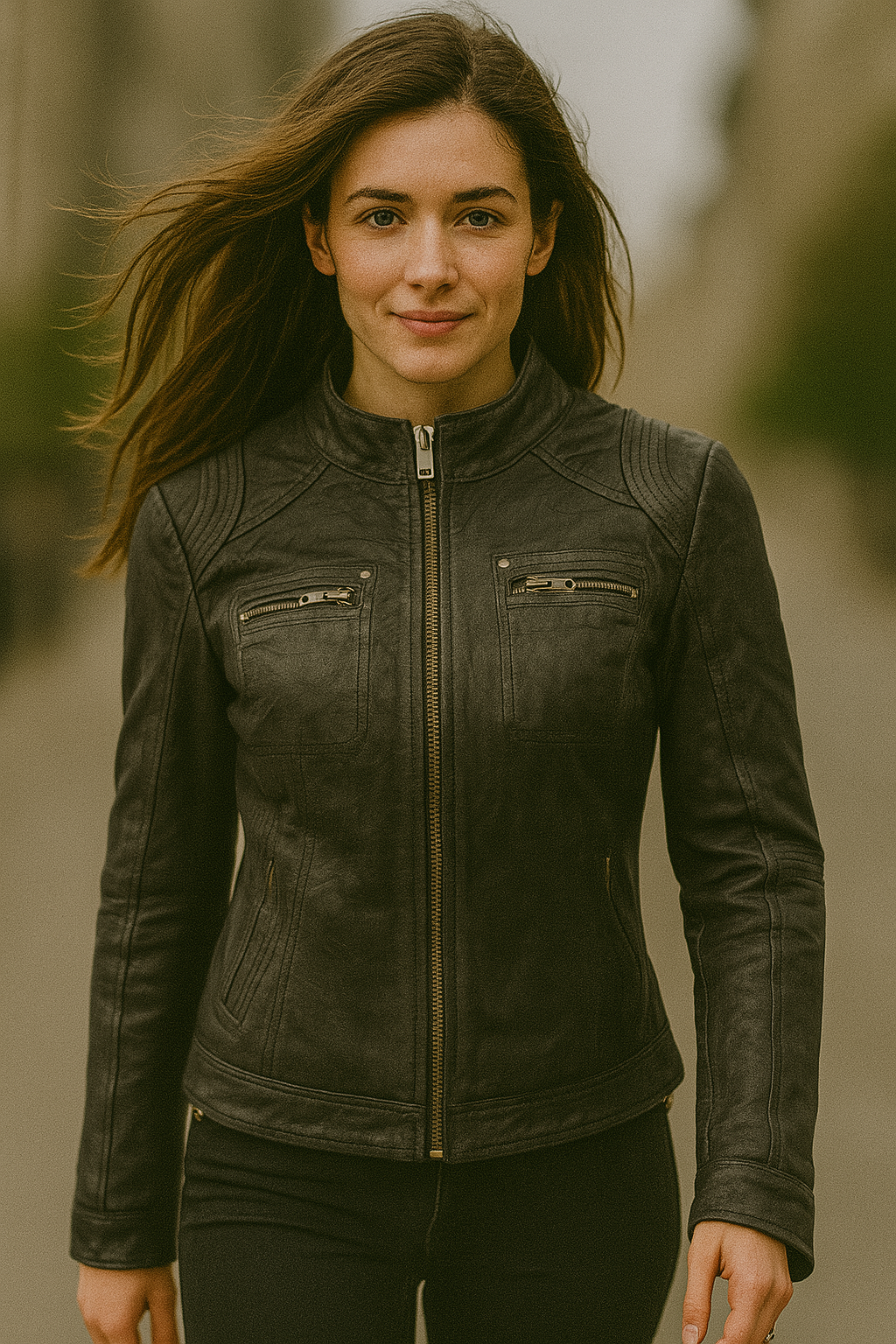Women's Black Real Leather Jacket – Vintage Café Racer Style with Zipper Pockets
