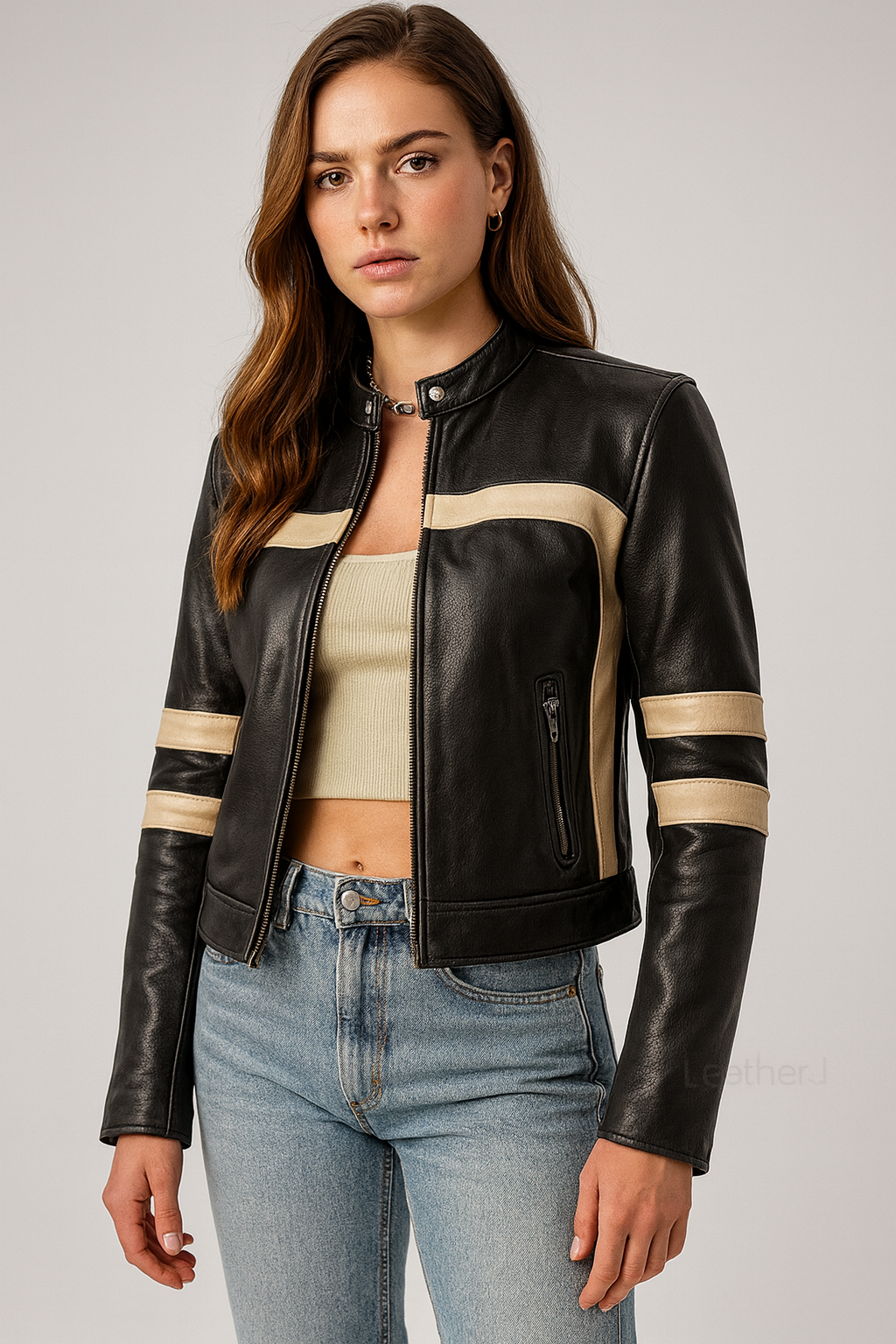 Women's Black Real Leather Moto Jacket with Beige Stripes