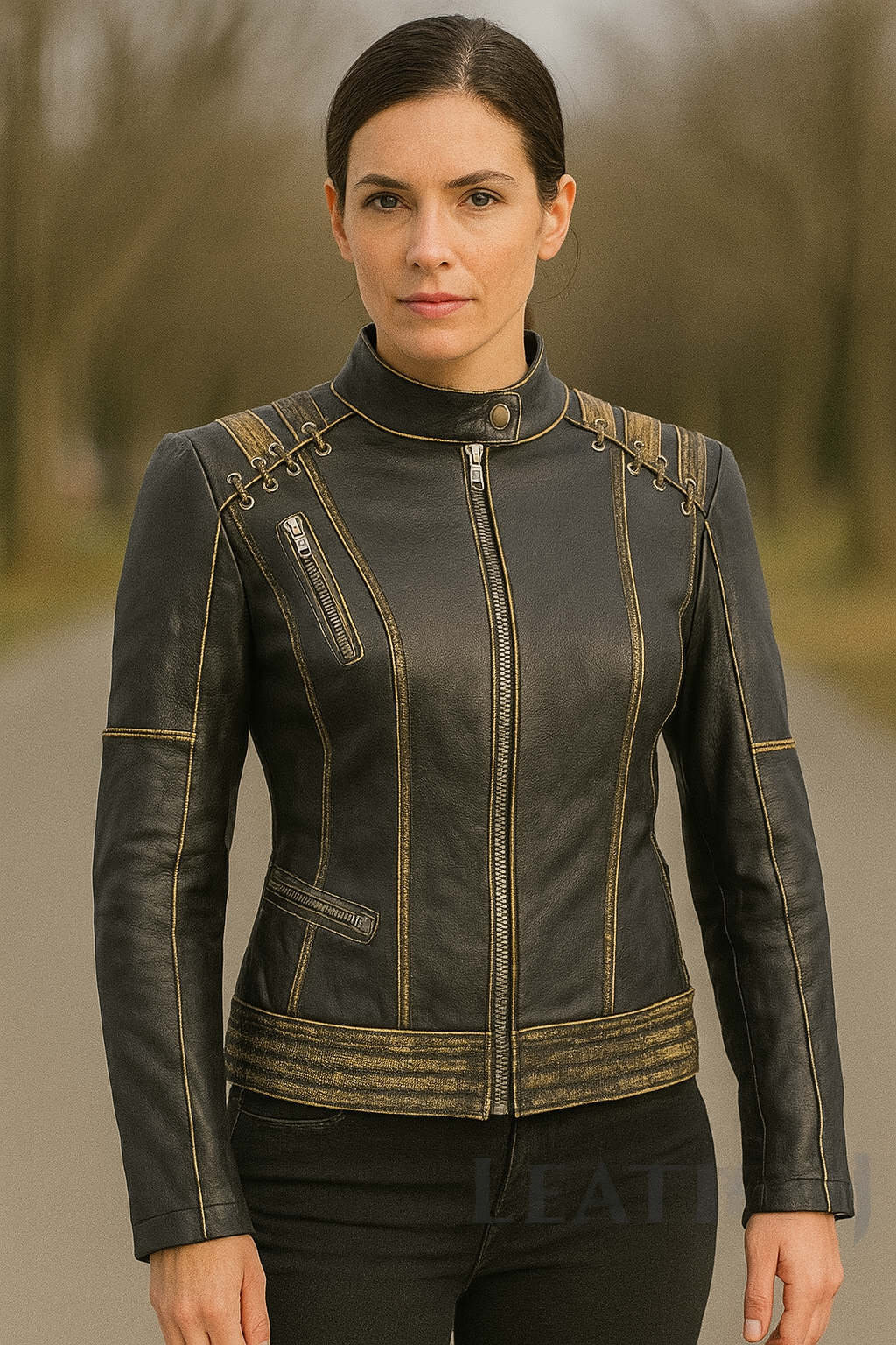 Women's Black and Gold Real Leather Jacket – Vintage Distressed Moto Style with Laced Shoulder Detail