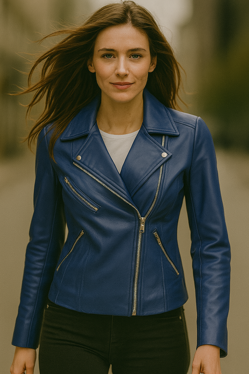 Women's Blue Real Leather Moto Jacket – Asymmetrical Zipper Slim Fit Biker Style