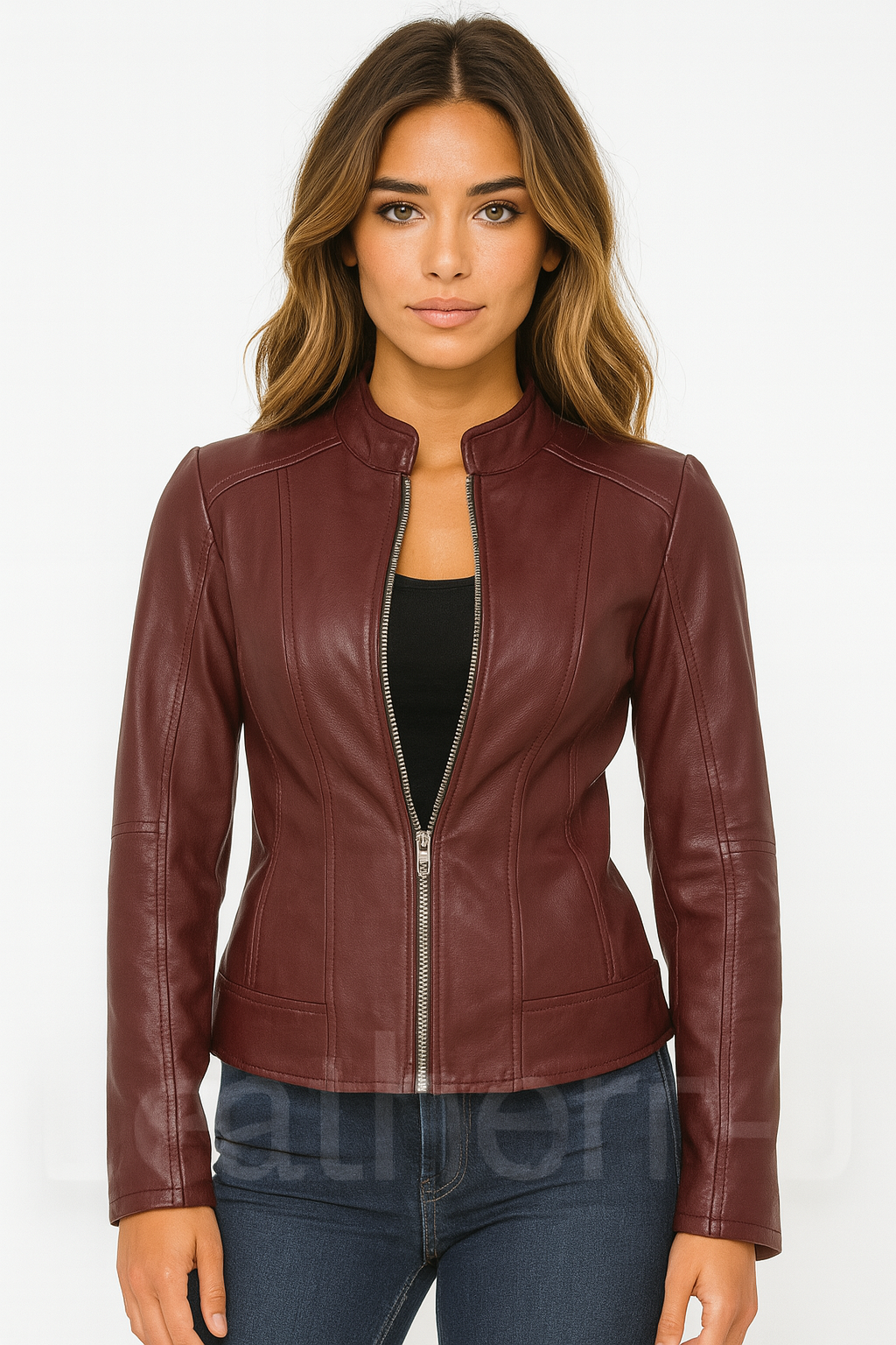 Women’s Burgundy Leather Jacket – Real Lambskin Slim Fit Moto Style by LeatherJ