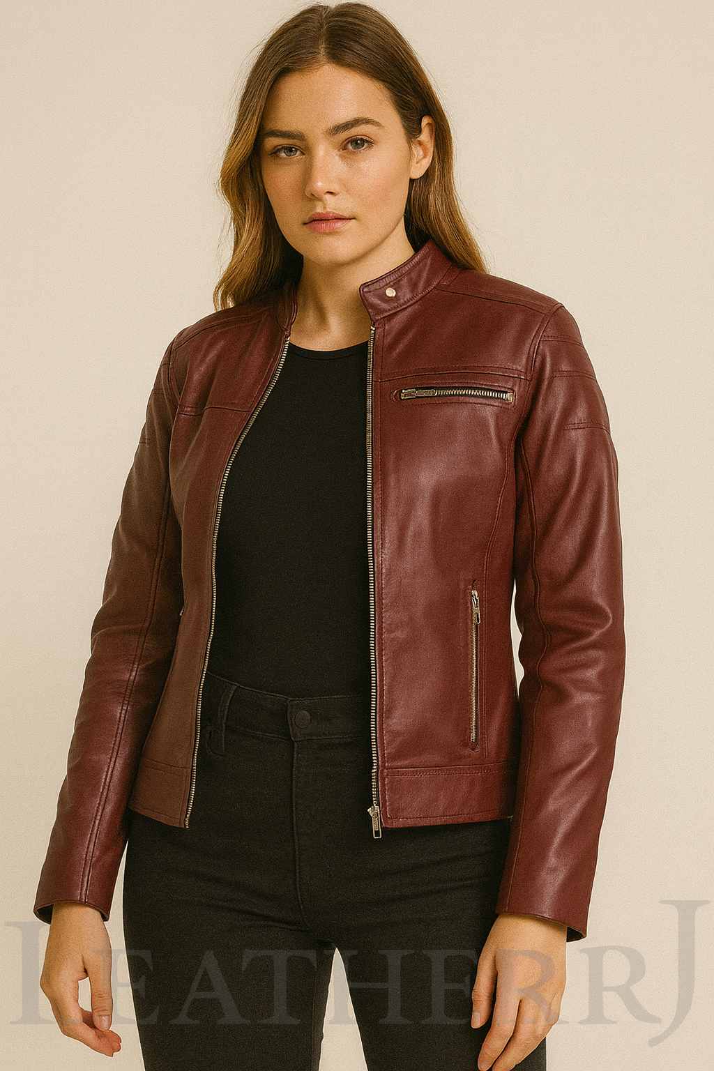 Women’s Burgundy Real Leather Biker Jacket – Slim Fit Moto Style with Zipper Pockets