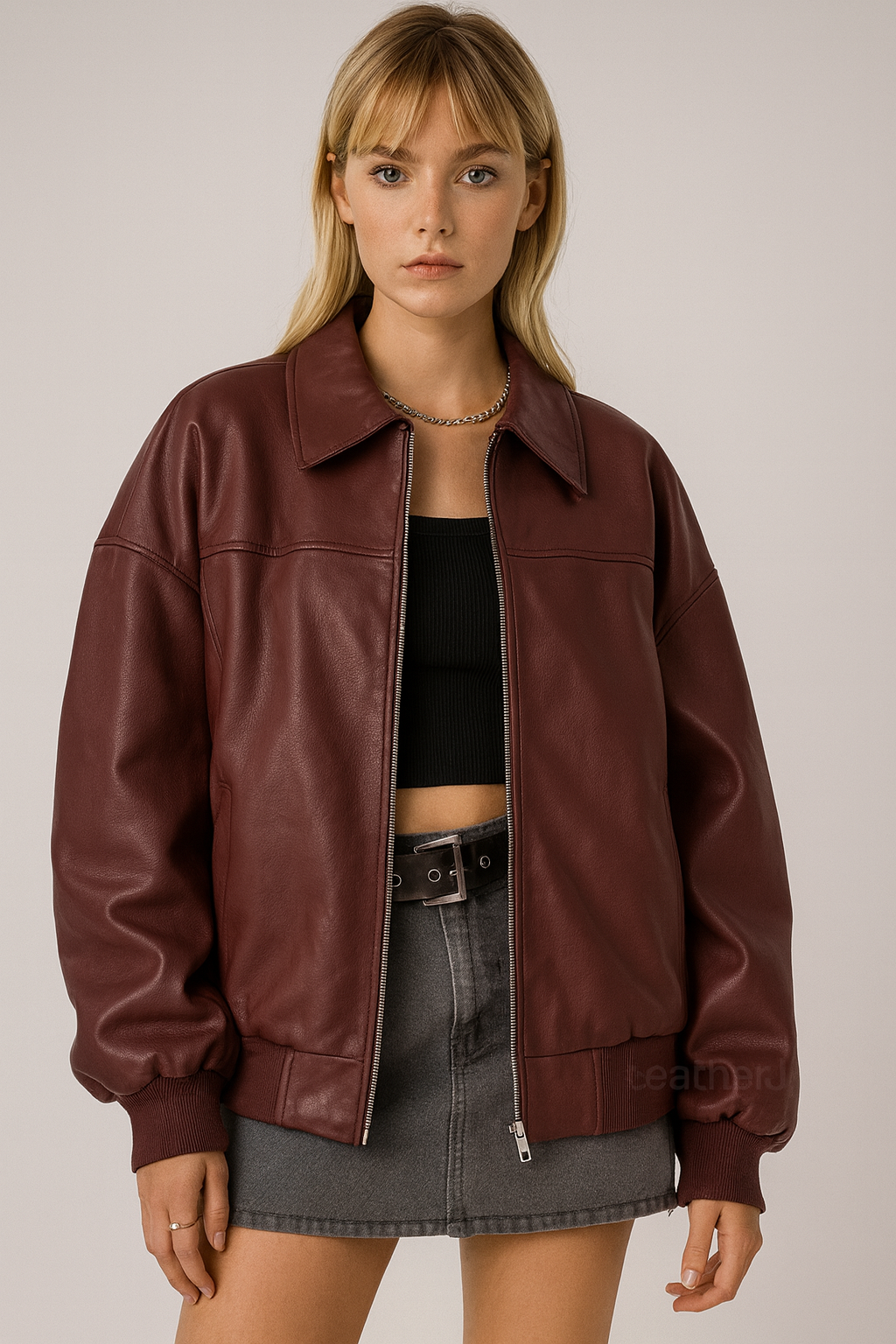 Women's Burgundy Real Leather Bomber Jacket – Oversized Fit