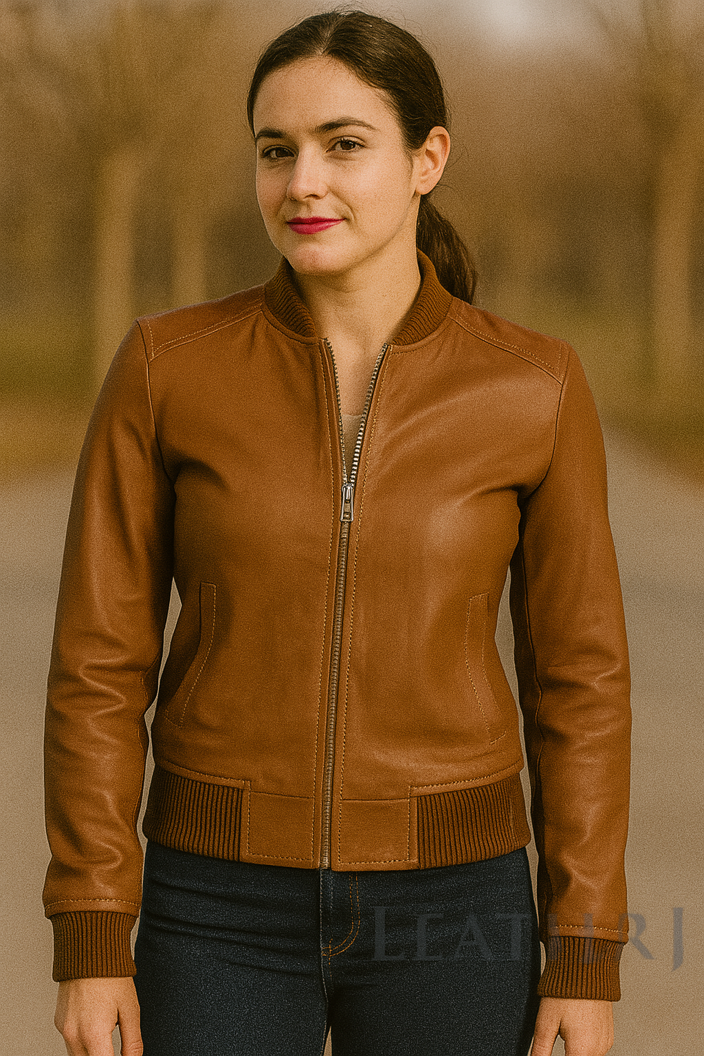 Women's Caramel Brown Real Leather Bomber Jacket – Classic Ribbed Cuff Design