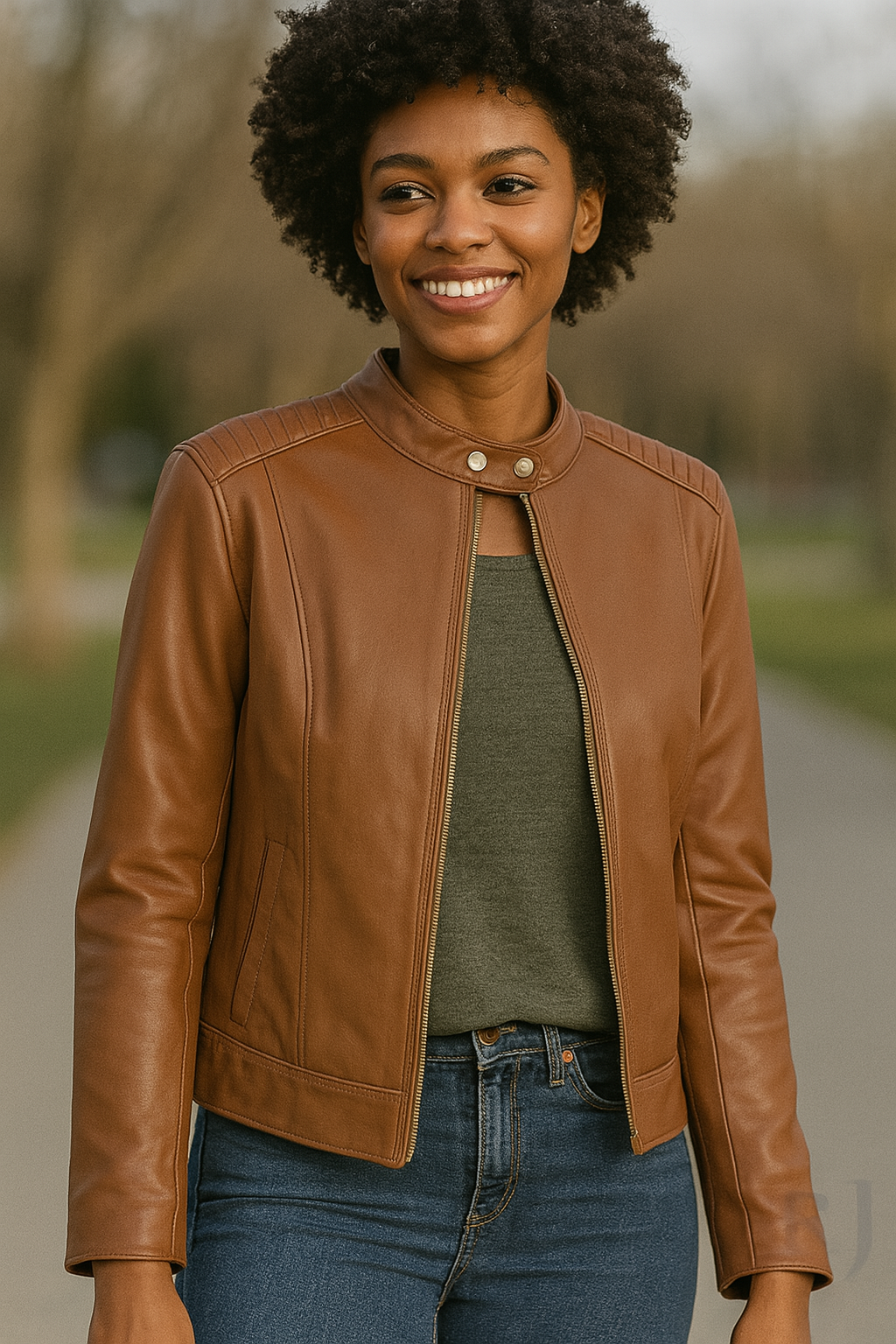 Women's Caramel Brown Real Leather Jacket – Slim Fit Moto Style with Snap Collar