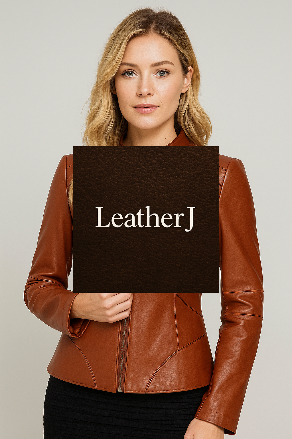 Women's Cognac Real Leather Jacket – Fitted Moto Style with Elegant Stitch Detailing