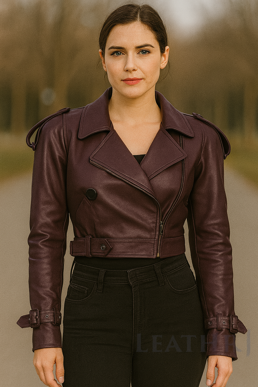 Women's Deep Purple Cropped Leather Jacket – Stylish Belted Biker Look with Epaulettes