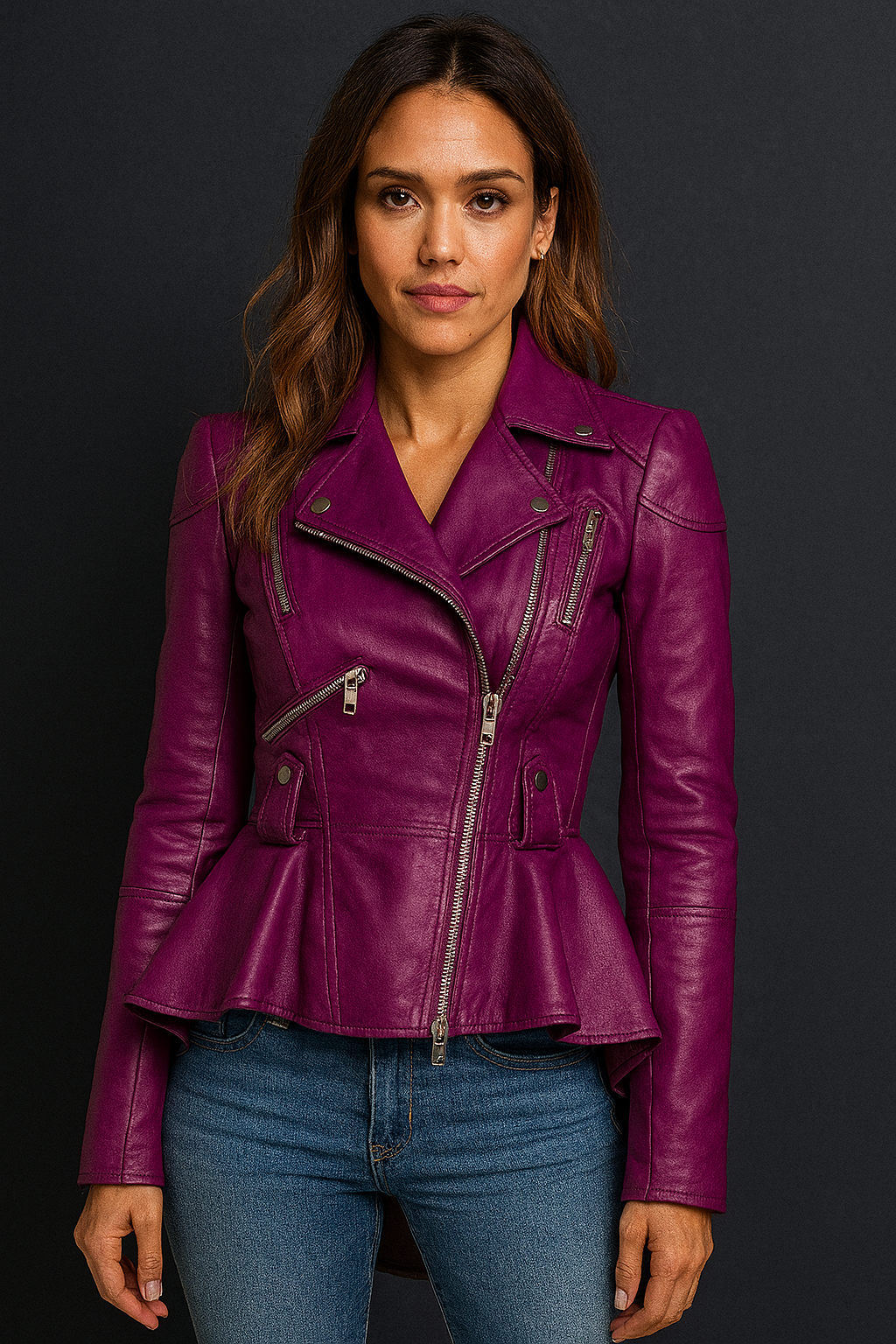 Women's Magenta Purple Real Leather Peplum Moto Jacket with Asymmetrical Zippers