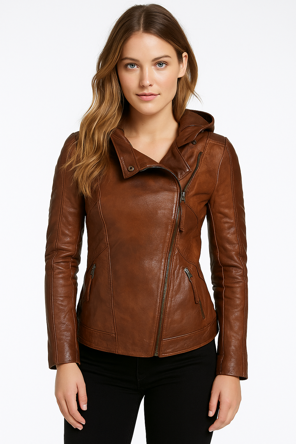 Women's Real Leather Jacket with Hood – Chestnut Brown Asymmetrical Zipper Biker Style