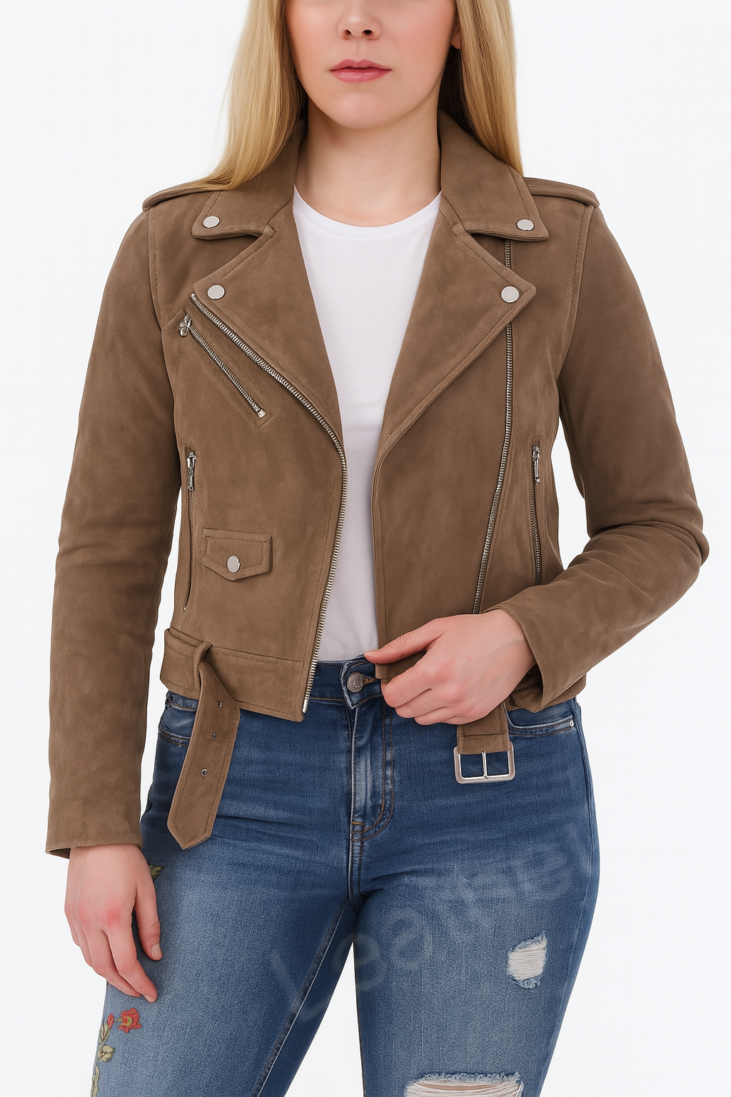Women's Real Leather Taupe Biker Jacket – Cropped Moto Style with Silver Zippers