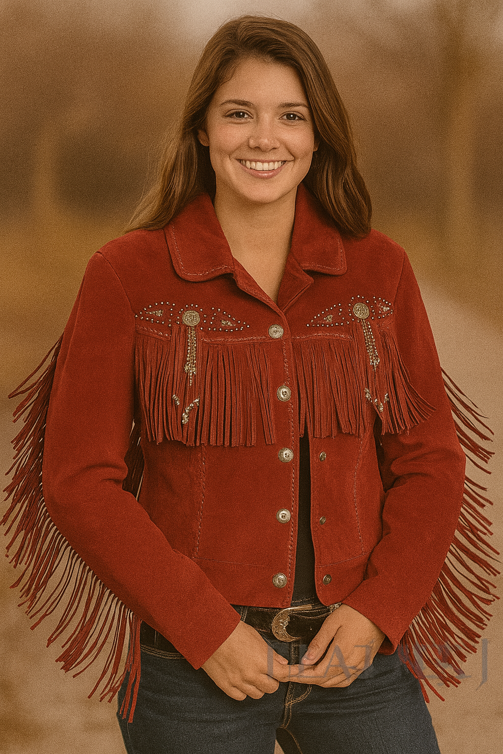 Women’s Red Suede Fringe Leather Jacket – Western Cowboy Style with Stud Accents