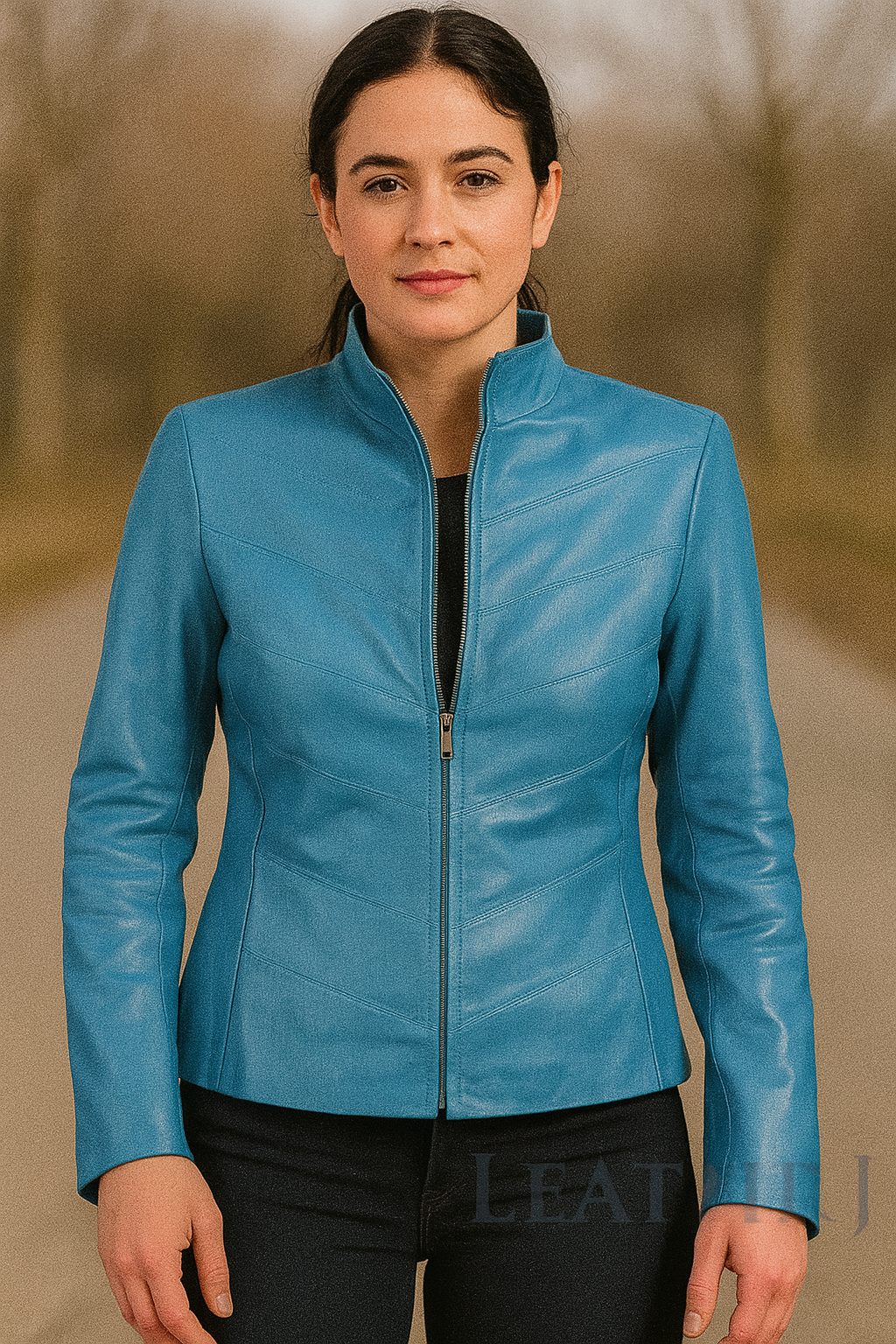 Women's Sky Blue Real Leather Jacket – Sleek Fitted Design with Zip Front