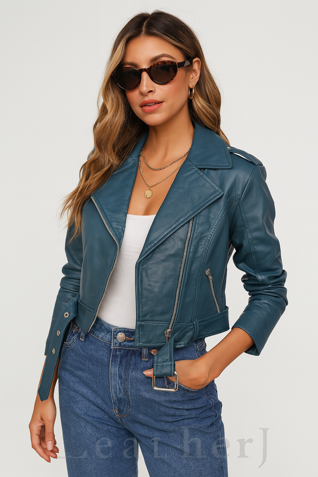 Women's Teal Blue Cropped Real Leather Moto Jacket – Asymmetrical Zipper & Belted Waist