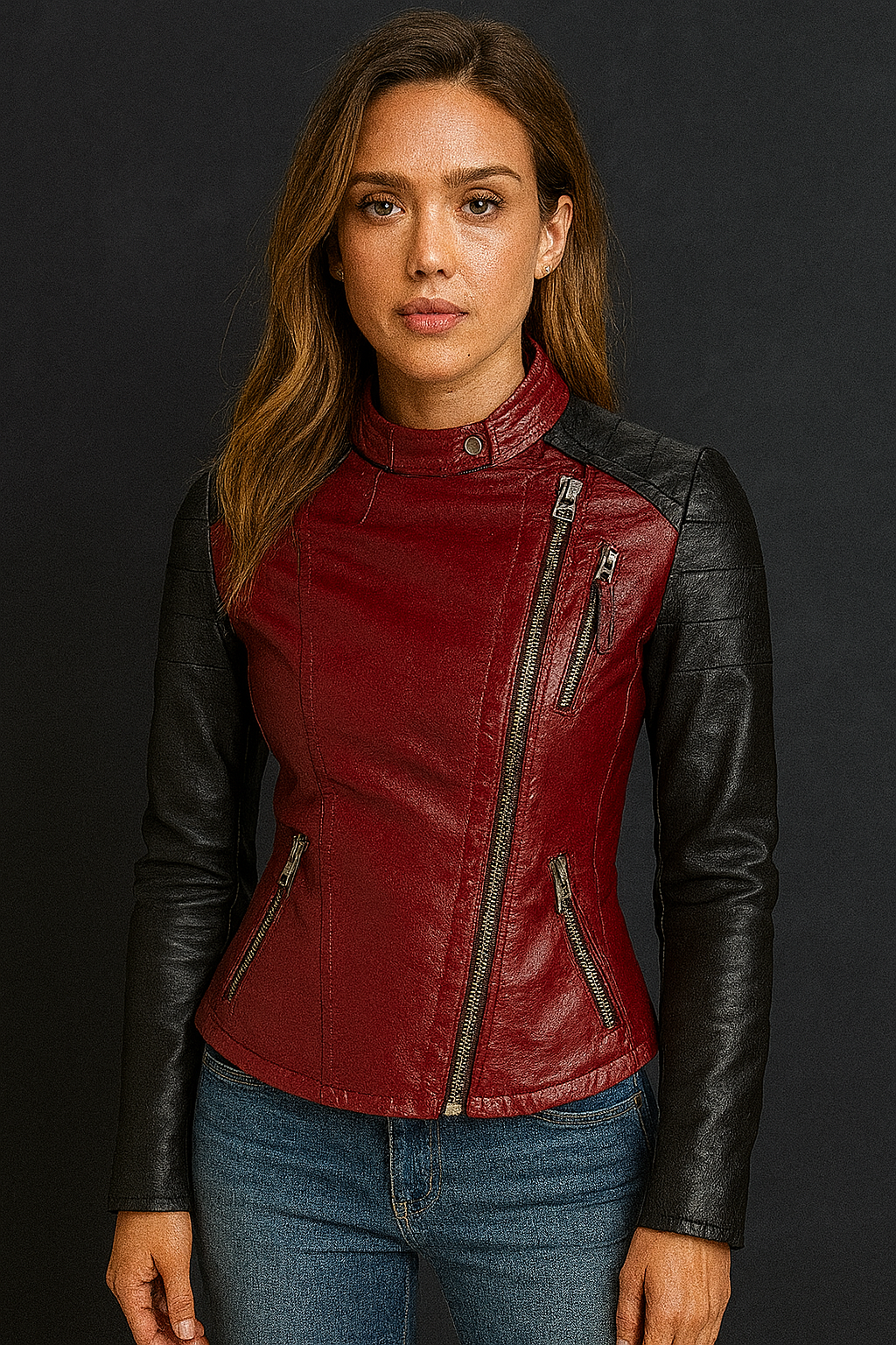 Women's Two-Tone Red and Black Real Leather Biker Jacket with Asymmetrical Zipper