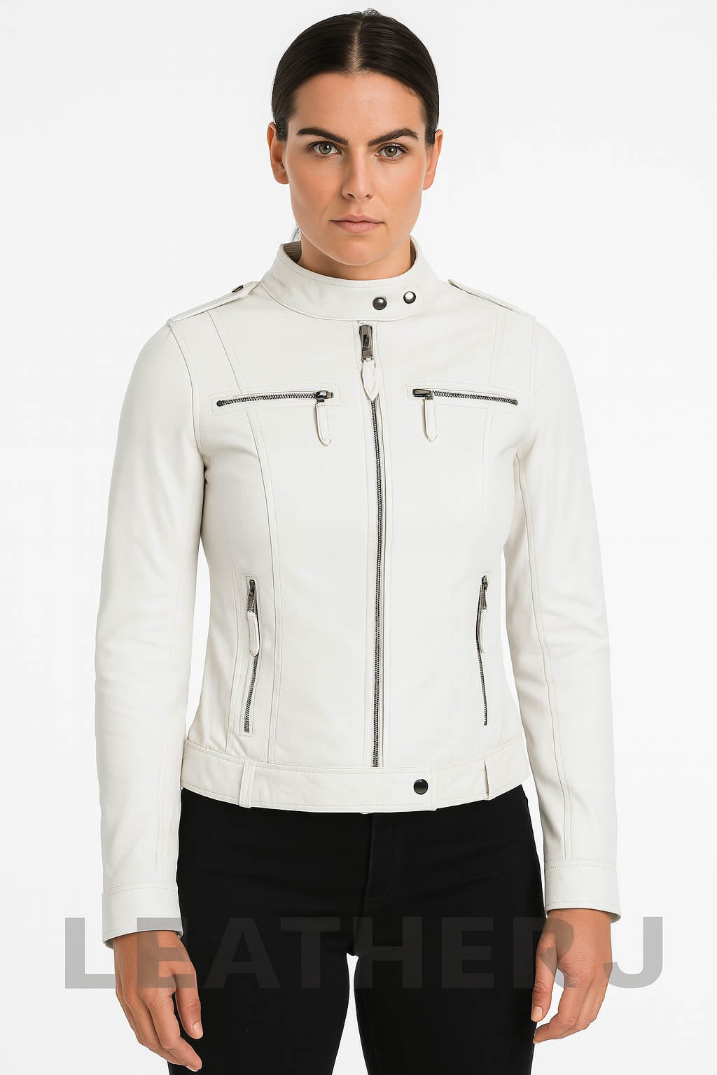 Women’s White Leather Biker Jacket – Slim Fit Moto Style with Silver Zippers