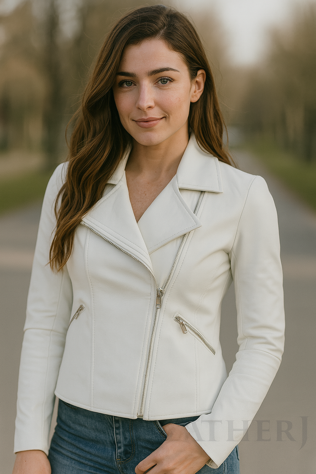 Women's White Real Leather Moto Jacket – Slim Fit Biker Style with Zipper Accents