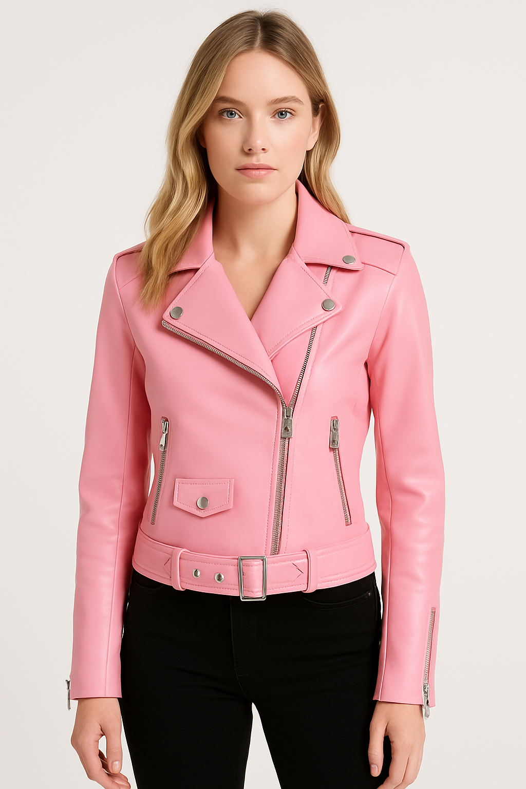 Women's Bubblegum Pink Real Leather Moto Jacket with Belt and Zipper Detail