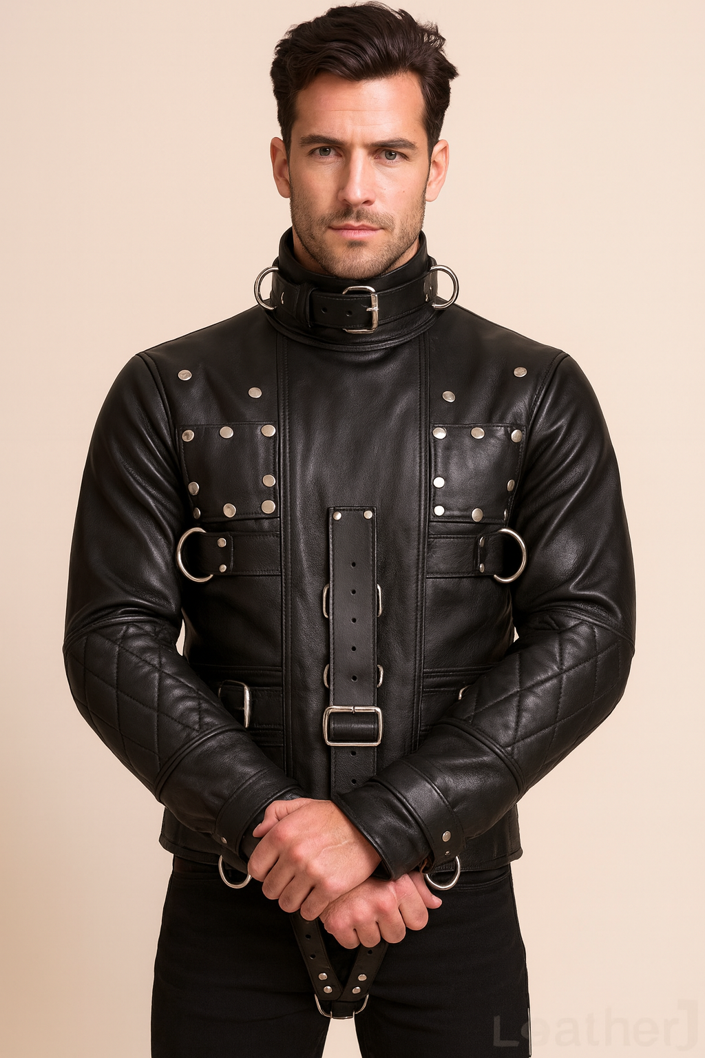 Black Genuine Leather Restraint Jacket for Men – Heavy-Duty Buckled Bondage Style