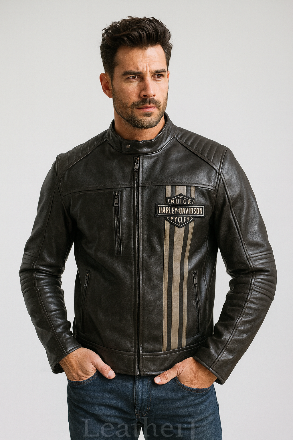 Harley-Davidson Men’s Black Genuine Leather Motorcycle Jacket with Beige Racing Stripes