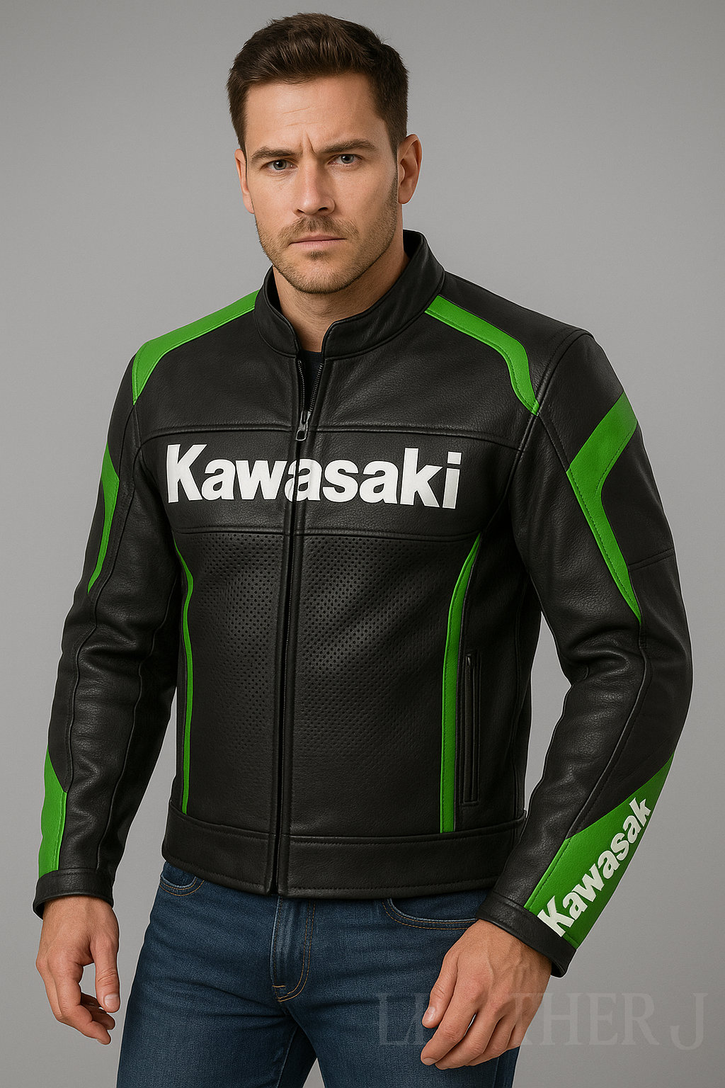 Kawasaki Black & Green Leather Motorcycle Jacket – Premium Racing Gear for Men
