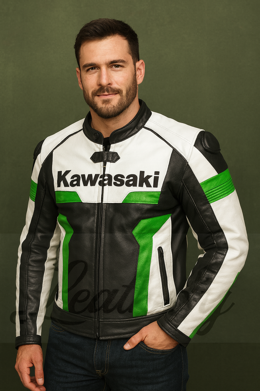 Kawasaki Leather Motorcycle Jacket – Black, White & Green Racing Biker Jacket for Men