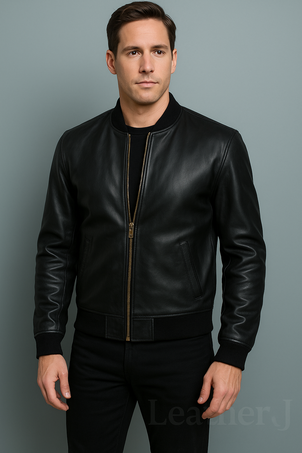 Men’s Black Genuine Leather Bomber Jacket – Classic Slim Fit Style