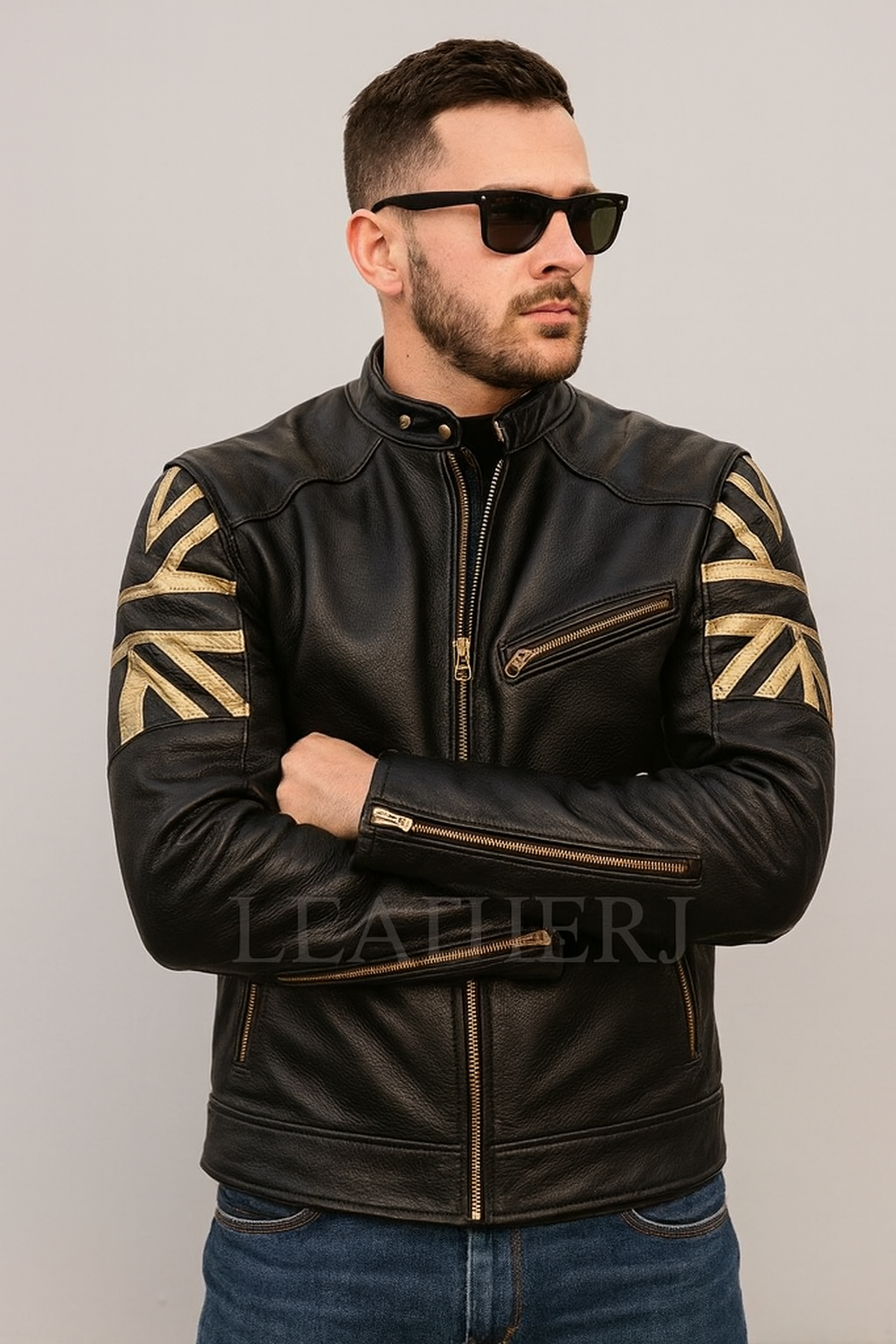 Men’s Black Leather Jacket with Gold Union Jack Design – Real Leather Motorcycle Jacket