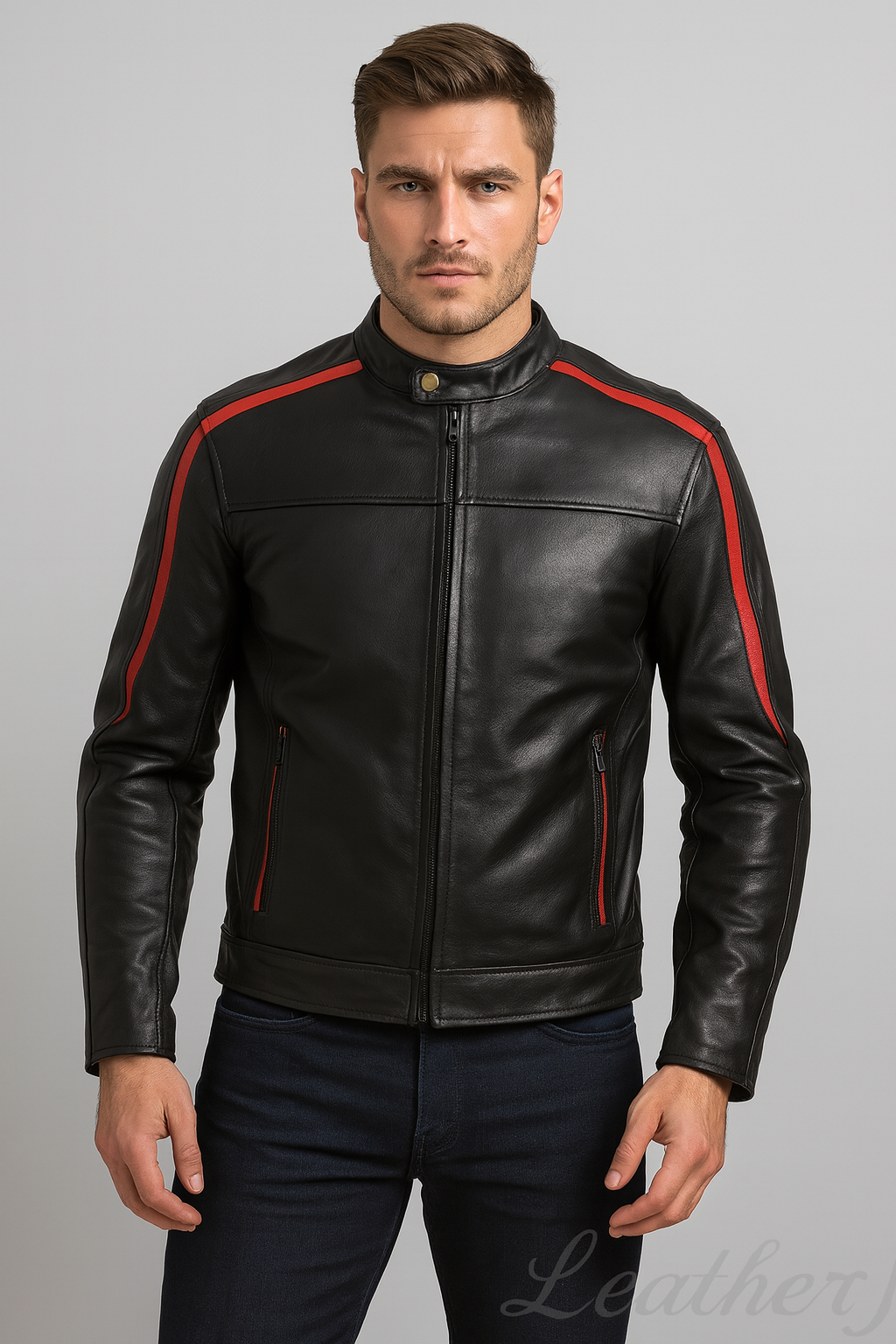 Men’s Black Leather Jacket with Red Stripes – Stylish Real Leather Motorcycle Riding Jacket