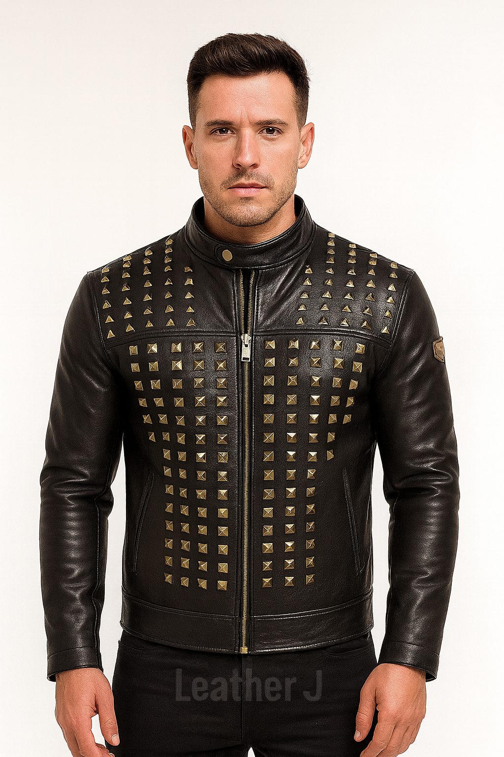 Men’s Black Leather Studded Jacket with Gold Pyramid Studs – Premium Biker Fashion