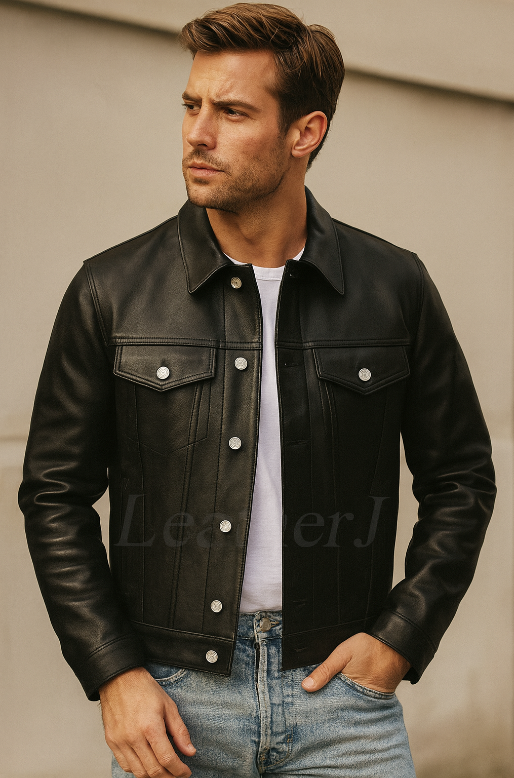 Men’s Black Leather Trucker Jacket – Classic Button-Up Real Leather Jacket